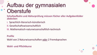 Aufbau der gymnasialen
Oberstufe
Schullaufbahn und Abiturprüfung müssen Fächer aller Aufgabenfelder
abdecken
I. Sprachlich-literarisch-künstlerisch
II. Gesellschaftswissenschaftlich
III. Mathematisch-naturwissenschaftlich-technisch
Profile
Wahl von 2 Naturwissenschaften oder 2 Fremdsprachen
Wahl- und Pflichtkurse
 