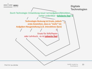 Digitale
Technologien
1
3
5
Ersatz für Stift/Papier
oder Lehrbuch, es ist LehrerIn-Tool
Technologie-Nutzung ist Ersatz, jedoch
erste Anzeichen, dass es “mehr“ ist:
Aufgaben-Neugestaltung (z.B. interaktives Quiz)
Durch Technologie: Entwicklung neuer Lernaufgaben/Aktivitäten,
vorher undenkbar –SchülerIn-Tool
SAMR model by
Puentedura
Prof. Dr. Isa Jahnke 33
 