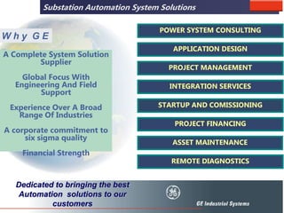 W h y G E
A Complete System Solution
Supplier
Global Focus With
Engineering And Field
Support
Experience Over A Broad
Range Of Industries
A corporate commitment to
six sigma quality
Financial Strength
Dedicated to bringing the best
Automation solutions to our
customers
INTEGRATION SERVICES
STARTUP AND COMISSIONING
ASSET MAINTENANCE
REMOTE DIAGNOSTICS
PROJECT FINANCING
PROJECT MANAGEMENT
APPLICATION DESIGN
POWER SYSTEM CONSULTING
Substation Automation System Solutions
 