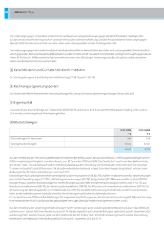 46       Jahresabschluss




     Die Forderungen gegen verbundene Unternehmen umfassen vorrangig Forderungen gegen die WVV Wiesbaden Holding GmbH
     aus der umsatzsteuerlichen Organschaft sowie der Verlustübernahmeverpflichtung. Darüber hinaus bestehen Forderungen gegen-
     über der ESWE Verkehr Service GmbH aus dem Liefer- und Leistungsverkehr mit der Tochtergesellschaft.

     Die Forderungen gegen die Landeshauptstadt Wiesbaden betreffen im Wesentlichen den Liefer- und Leistungsverkehr. Die Verbindlich-
     keiten gegenüber der Landeshauptstadt Wiesbaden wurden in Höhe von 43 Tb saldiert. Innerhalb der sonstigen Vermögensgegenstände
     haben 35 Tb (Vorjahr: 31 Tb) eine Restlaufzeit von mehr als einem Jahr. Alle übrigen Forderungen des Berichtsjahres und des Vorjahres
     haben eine Restlaufzeit von bis zu einem Jahr.


     (7) Kassenbestand und Guthaben bei Kreditinstituten

     Der stichtagsbezogene Stand der liquiden Mittel beträgt 275 Ta (Vorjahr: 1.241 Ta).


     (8) Rechnungsabgrenzungsposten

     Der Posten betrifft im Wesentlichen Pensionszahlungen für Januar 2011 sowie Sponsoringzahlungen für das Jahr 2011.


     (9) Eigenkapital

     Das Gezeichnete Kapital beträgt am 31. Dezember 2010 1.500 Ta und wird zu 94,9 % von der WVV Wiesbaden Holding GmbH und zu
     5,1 % von der Landeshauptstadt Wiesbaden gehalten.


     (10) Rückstellungen

                                                                                                            31.12.2010       31.12.2009
                                                                                                                    te               te
      Rückstellungen für Pensionen                                                                                 584              548

      Sonstige Rückstellungen                                                                                   14.042            15.567

                                                                                                                14.626             16.115


     Aus der Umstellung der Pensionsrückstellungen im Rahmen des BilMoG zum 1. Januar 2010 (BilMoG-Eröffnungsbilanz) ergab sich ein
     Zuführungsbetrag im Vergleich zum alten Ansatz zum 31. Dezember 2009 von 76 Ta. Die Gesellschaft macht von dem Wahlrecht des
     Art. 67 Abs. 1 Satz 1 EGHGB Gebrauch und verteilt den Aufwand aus der Umstellung (76 Ta) linear über einen Zeitraum von maximal
     15 Jahren. Im Geschäftsjahr 2010 wurden 5 Ta als außerordentlicher Aufwand erfasst. Zum Abschlussstichtag beläuft sich die Unter-
     deckung bei den Pensionsrückstellungen somit auf 72 Ta.
     Die sonstigen Rückstellungen bestehen vorwiegend für den Personalbereich (4.823 Ta) und hier im Wesentlichen für Verpflichtungen
     aus Freifahrtberechtigungen (1.227 Ta), Abfindungsvereinbarungen (632 Ta), Zeitguthaben (573 Ta) sowie aus Altersteilzeit (207 Ta).
     Darüber hinaus bestehen Rückstellungen für Verpflichtungen aus dem RMV-Einnahmenaufteilungsverfahren 2010 (1.750 Ta), aus
     Brandschutzmaßnahmen (892 Ta), der Sanierung der Aartalbahn (788 Ta), für Altlasten und Umweltschutzmaßnahmen (507 Ta), für
     die Sanierung des Betriebsgeländes Gartenfeldstraße (1.242 Ta), für ausstehende Sanierung im Liniennetz, an der Trasse der Aartal-
     bahn, an den betriebseigenen Gebäude sowie für Versicherungen und Kosten des Jahresabschlusses.
     Ferner bestehen aus 2008 noch Rückstellungen für ungewisse Verpflichtungen aus der Komponentennutzung (314 Ta) sowie für mög-
     liche Prozesskosten (685 Ta) aufgrund des gekündigten Vertrages über das Verkehrsmanagementsystem ATRIES.

     Aus der Umstellung der langfristigen Rückstellungen für Versicherungen aufgrund der geänderten Bewertung durch das BilMoG re-
     sultierte zum 1. Januar 2010 eine Überdeckung von 61 Ta. Da der eigentlich aufzulösende Betrag bis spätestens zum 31. Dezember 2024
     wieder zugeführt werden müsste, wird von dem Wahlrecht des Art. 67 Abs. 1 Satz 2 EGHGB Gebrauch gemacht und die Rückstellung
     beibehalten. Der Betrag der Überdeckung beläuft sich zum 31. Dezember 2010 auf 50 Ta.
 