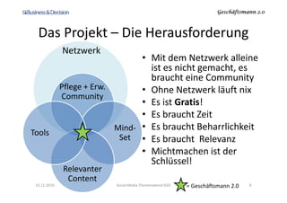 Geschäftsmann 2.0Geschäftsmann 2.0Geschäftsmann 2.0Geschäftsmann 2.0
Das Projekt – Die Herausforderung
• Mit dem Netzwerk alleine
ist es nicht gemacht, es
braucht eine Community
• Ohne Netzwerk läuft nix
• Es ist Gratis!
Netzwerk
Pflege + Erw.
Community
• Es ist Gratis!
• Es braucht Zeit
• Es braucht Beharrlichkeit
• Es braucht Relevanz
• Michtmachen ist der
Schlüssel!
23.11.2010 Social Media Themenabend SGO 8
Mind-
Set
Relevanter
Content
Tools
= Geschäftsmann 2.0
 