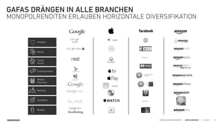 SINNERSCHRADER HANDELSKAMMER HAMBURG | DIGITALISIERUNG | 11.02.2015 18
GAFAS DRÄNGEN IN ALLE BRANCHEN
MONOPOLRENDITEN ERLAUBEN HORIZONTALE DIVERSIFIKATION
on the run
friend-2-friend
Payment
+
on the run
eHealth
Retail
Smart 
Home
Entertainment
Mobile
Payment
Mobility
Assistant
Mobile
ZeroRating
 