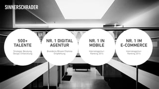 SINNERSCHRADER
NR. 1 DIGITAL 
AGENTUR
 
Brandeins Wissen/Statista
Empfehlung
NR. 1 IM  
E-COMMERCE
 
Internetagentur- 
Ranking 2014
NR. 1 IN  
MOBILE
 
Internetagentur- 
Ranking 2014
500+ 
TALENTE
 
Strategie, Beratung,  
Design, Entwicklung
 