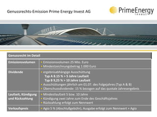 Genussrechts-Emission Prime Energy Invest AG   Genussrecht im Detail Emissionsvolumen •   Emissionsvolumen 25 Mio. Euro • ...