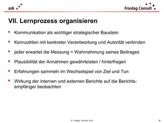 VII. Lernprozess organisieren


Kommunikation als wichtiger strategischer Baustein



Kennzahlen mit konkreter Verantwortung und Autorität verbinden



jeder erwartet die Messung = Wahrnehmung seines Beitrages



Plausibilität der Annahmen gewährleisten / hinterfragen



Erfahrungen sammeln im Wechselspiel von Ziel und Tun



Wirkung der internen und externen Berichte auf die Berichtsempfänger beobachten

© Friedag / Schmidt 2014

26

 