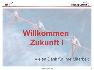 Willkommen
Zukunft !
Vielen Dank für Ihre Mitarbeit
© Friedag / Schmidt 2014

32

 