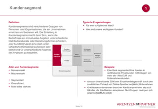 Kundensegment                                                                                                                               1


Definition:                                                                      Typische Fragestellungen:
Kundensegmente sind verschiedene Gruppen von                                      Für wen schöpfen wir Wert?
Personen oder Organisationen, die ein Unternehmen                                 Wer sind unsere wichtigsten Kunden?
erreichen und bedienen will. Die Einteilung in
Kundensegmente macht dann Sinn, wenn die
Bedürfnisse ein individuelles Angebot, unterschiedliche
Distributionskanäle oder Beziehungsformen erfordern,
oder Kundengruppen eine stark unter-
schiedliche Rentabilität aufweisen oder
                                                    Kunden-                      Schlüssel-
bereit sind für unterschiedliche Aspekte          beziehungen                    aktivitäten
des Angebots zu bezahlen.                                                                      Schlüssel-
                                             Kunden-                  Wert-
                                                                                                partner-
                                            segmente                angebote
                                                                           )

                                                                                                schaften
                                                                                 Schlüssel-
                                                        Kanäle
                                                                                 ressourcen



Arten von Kundensegmente:                                                                             Beispiele:
 Massenmarkt                                     Einnahmequellen                 Kostenstruktur
                                                                                               )
                                                                                                       Eine Bank segmentiert Ihre Kunden in
 Nischenmarkt                                                                                            wohlhabende Privatkunden mit Einlagen von
                                                                                                          mehr als 1 Mio EUR und
                                                                                                          Unternehmenskunden.
 Segmentiert
                                                                                   Amazon diversifizierte 2006 sein Einzelhandelsgeschäft durch den
 Diversifiziert                                                                     zusätzlichen Verkauf von Online-Speicher an (Web-)Unternehmen.
 Multi-sides Markets                                                              Kreditkartenunternehmen brauchen Kreditkarteninhaber als auch
                                                                                     Händler, die Kreditkarten akzeptieren. Nur Gruppen bedingen sich
                                                                                     gegenseitig (Multi-sided)




                                                                      Seite 10
 