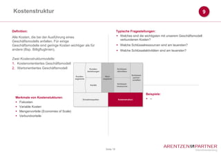 Kostenstruktur                                                                                                                               9


Definition:                                                                     Typische Fragestellungen:
Alle Kosten, die bei der Ausführung eines                                        Welches sind die wichtigsten mit unserem Geschäftsmodell
                                                                                  verbundenen Kosten?
Geschäftsmodells anfallen. Für einige
Geschäftsmodelle sind geringe Kosten wichtiger als für                           Welche Schlüsselressourcen sind am teuersten?
andere (Bsp. Billigfluglinien).                                                  Welche Schlüsselaktivitäten sind am teuersten?

Zwei Kostenstrukturmodelle:
1. Kostenorientiertes Geschäftsmodell
2. Wertorientiertes Geschäftsmodell                    Kunden-                  Schlüssel-
                                                     beziehungen                aktivitäten
                                                                                              Schlüssel-
                                           Kunden-                   Wert-
                                                                                               partner-
                                          segmente                 angebote
                                                                          )

                                                                                               schaften
                                                                                Schlüssel-
                                                       Kanäle
                                                                                ressourcen



                                                                                                           Beispiele:
  Merkmale von Kostenstukturen:                                                                             --
                                                Einnahmequellen                  Kostenstruktur)
   Fixkosten
   Variable Kosten
   Mengenvorteile (Economies of Scale)
   Verbundvorteile




                                                                     Seite 18
 
