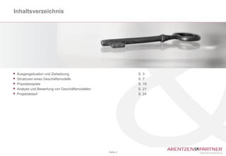 Inhaltsverzeichnis




   Ausgangsituation und Zielsetzung                        S. 3
   Strukturen eines Geschäftsmodells                       S. 7
   Praxisbeispiele                                         S. 19
   Analyse und Bewertung von Geschäftsmodellen             S. 21
   Projektablauf                                           S. 24




                                                  Seite 2
 