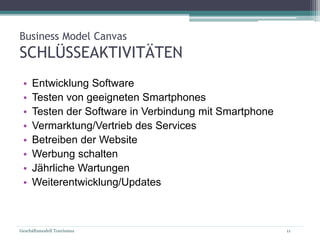 Geschäftsmodell Tourismus 11
Business Model Canvas
SCHLÜSSEAKTIVITÄTEN
• Entwicklung Software
• Testen von geeigneten Smartphones
• Testen der Software in Verbindung mit Smartphone
• Vermarktung/Vertrieb des Services
• Betreiben der Website
• Werbung schalten
• Jährliche Wartungen
• Weiterentwicklung/Updates
 
