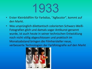 1933Erster Kleinbildfilm für Farbdias, "Agfacolor", kommt auf den Markt.Was ursprünglich dilettantisch colorierten Schwarz-Weiß-Fotografien glich und damals sogar Antikunst genannt wurde, ist auch heute in seiner technischen Entwicklung noch nicht völlig abgeschlossen und praktisch im Monatsabstand bringen die Filmhersteller neue, verbesserte Technologien der Farbfotografie auf den Markt