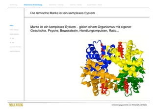Einführung                Historische Entwicklung   Wachstum + Wandel   Internet + Marke   Social Media + Marke




                                  Die römische Marke ist ein komplexes System


Antike
                                  Marke ist ein komplexes System – gleich einem Organismus mit eigener
Frühes Mittelalter
                                  Geschichte, Psyche, Bewusstsein, Handlungsimpulsen, Ratio...
Spätes Mittelalter


15. Jhdt


16. Jhdt.


Industrielle Revolution


Zusammenfassung




                                                                                                                  Entwicklungsgeschichte von Wirtschaft und Marke
 