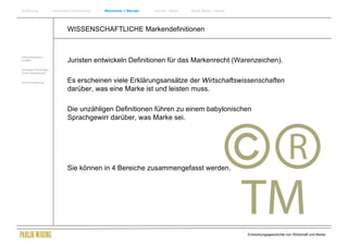 Einführung               Historische Entwicklung   Wachstum + Wandel   Internet + Marke   Social Media + Marke




                                 WISSENSCHAFTLICHE Markendefinitionen


Wirtschaftswissen-
schaften                         Juristen entwickeln Definitionen für das Markenrecht (Warenzeichen).
Soziologie Psychologie
Komm.Wissenschaft


Zusammenfassung                  Es erscheinen viele Erklärungsansätze der Wirtschaftswissenschaften
                                 darüber, was eine Marke ist und leisten muss.

                                 Die unzähligen Definitionen führen zu einem babylonischen
                                 Sprachgewirr darüber, was Marke sei.




                                 Sie können in 4 Bereiche zusammengefasst werden.




                                                                                                                 Entwicklungsgeschichte von Wirtschaft und Marke
 