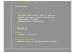 Einführung   Historische Entwicklung   Wachstum + Wandel   Internet + Marke   Social Media + Marke




                     Zusammenfassung



                     Wirtschaftswissenschaften
                        • Marke ist ein Markenprodukt mit bestimmten Merkmalen.
                        • Marke ist die Kombination von Marketing-Maßnahmen.
                        • Marke bedeutet: Erfolg im Markt.
                        • Marke definiert sich über ihre Herkunft.

                     Psychologie
                        Marke ist Image.

                     Soziologie
                       Marke ist ein soziales Symbol.

                     Kommunikationswissenschaften
                       Marke ist Angebot + Information / Kommunikation / Werbung.




                                                                                                     Entwicklungsgeschichte von Wirtschaft und Marke
 