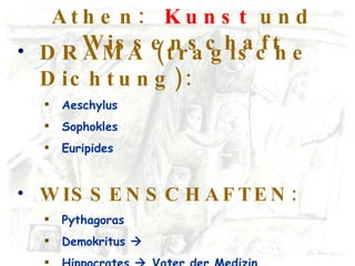 Athen:  Kunst  und Wissenschaft DRAMA (tragische Dichtung): Aeschylus Sophokles  Euripides WISSENSCHAFTEN: Pythagoras Demokritus   Hippocrates    Vater der Medizin 