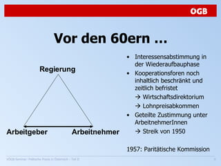 Vor den 60ern … Interessensabstimmung in der Wiederaufbauphase Kooperationsforen noch inhaltlich beschränkt und zeitlich befristet    Wirtschaftsdirektorium    Lohnpreisabkommen Geteilte Zustimmung unter ArbeitnehmerInnen    Streik von 1950 1957: Paritätische Kommission Arbeitgeber Arbeitnehmer Regierung 