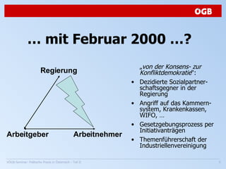 …  mit Februar 2000 …?  „ von der Konsens- zur Konfliktdemokratie “: Dezidierte Sozialpartner-schaftsgegner in der Regierung Angriff auf das Kammern-system, Krankenkassen, WIFO, … Gesetzgebungsprozess per Initiativanträgen Themenführerschaft der Industriellenvereinigung Arbeitgeber Arbeitnehmer Regierung 