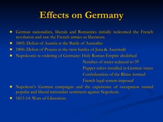 Effects on Germany German nationalists, liberals and Romantics initially welcomed the French revolution and saw the French armies as liberators. 1805: Defeat of Austria at the Battle of Austerlitz 1806: Defeat of Prussia at the twin battles of Jena & Auerstadt Napoleonic re-ordering of Germany: Holy Roman Empire abolished Number of states reduced to 39 Puppet rulers installed in German states Confederation of the Rhine formed French legal system imposed Napoleon’s German campaigns and the experience of occupation turned popular and liberal nationalist sentiment against Napoleon.  1813-14: Wars of Liberation.  