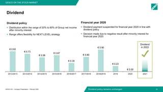 GESCO AG – Company Presentation – February 2022
GESCO ON THE STOCK MARKET
Dividend policy remains unchanged
Dividend
Financial year 2020
 Dividend payment suspended for financial year 2020 in line with
dividend policy
 Decision made due to negative result after minority interest for
financial year 2020
Dividend policy
 Distribution within the range of 20% to 60% of Group net income
after minority interest
 Range offers flexibility for NEXT LEVEL strategy
26
Dividend
in 2022
 