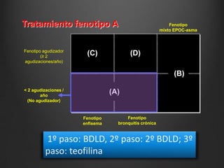 Tratamiento fenotipo A
Fenotipo agudizador
(≥ 2
agudizaciones/año)

Fenotipo
mixto EPOC-asma

(C)

(D)
(B)

< 2 agudizaciones /
año
(No agudizador)

(A)

Fenotipo
enfisema

Fenotipo
bronquitis crónica

 
