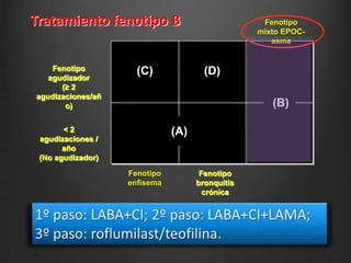 Tratamiento fenotipo B
Fenotipo
agudizador
(≥ 2
agudizaciones/añ
o)

(C)

Fenotipo
mixto EPOCasma

(D)
(B)

<2
agudizaciones /
año
(No agudizador)

(A)

Fenotipo
enfisema

Fenotipo
bronquitis
crónica

 