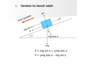Gerakan ke bawah satah F mg sin   Rn Arah gerakan   mg kos   mg P P + mg sin    =   mg kos   P =   mg kos    - mg sin     