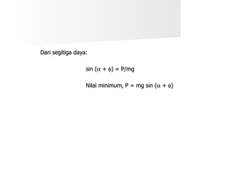 Dari segitiga daya: sin (   +   ) = P/mg Nilai minimum, P = mg sin (   +   )  