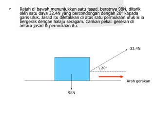 Rajah di bawah menunjukkan satu jasad, beratnya 98N, ditarik oleh satu daya 32.4N yang bercondongan dengan 20   kepada garis ufuk. Jasad itu diletakkan di atas satu permukaan ufuk & ia bergerak dengan halaju seragam. Carikan pekali geseran di antara jasad & permukaan itu. 20  32.4N 98N Arah gerakan 