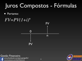Juros Compostos - Fórmulas 
• Portanto: 
Gestão Financeira 
www.facebook.com/groups/gesfin/ 
www.facebook.com/AdmFabioLima 
6 
0 
n 
PV 
FV 
 