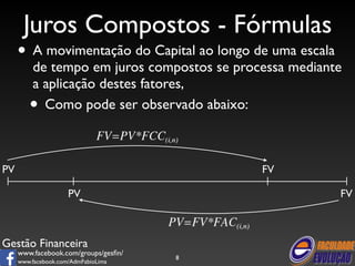 Juros Compostos - Fórmulas 
• A movimentação do Capital ao longo de uma escala 
de tempo em juros compostos se processa mediante 
a aplicação destes fatores, 
• Como pode ser observado abaixo: 
PV FV 
PV FV 
Gestão Financeira 
www.facebook.com/groups/gesfin/ 
www.facebook.com/AdmFabioLima 
8 
 
