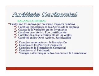 BALANCE GENERAL
• C l son llos rubros que presentan mayores cambios
  Cuales           b               t                bi
         Cambios importantes en los Activos de la empresa
         Causas de la variación en los Inventarios
         Cambios en el Activo Fijo. Justificación
                               Fijo.
         Correlación con el crecimiento de las ventas
         Cambios en los Otros Activos. Justificación
                               Activos.
        Cambios importantes en la financiación
        Cambios en los Pasivos Financieros
        Cambios en la Financiación Comercial
        Cambios en el Patrimonio
        Ventajas desventajas d l cambios en l Fi
        V t j od         t j de los     bi     la Financiación
                                                        i ió
 