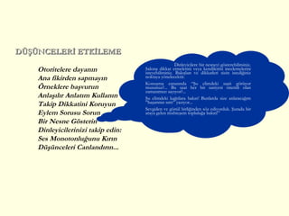 Otoritelere dayanın Ana fikirden sapmayın Örneklere başvurun  Anlaşılır Anlatım Kullanın Takip Dikkatini Koruyun Eylem Sorusu Sorun Bir Nesne Gösterin Dinleyicilerinizi takip edin: Ses Monotonluğunu Kırın Düşünceleri Canlandırın ... Dinleyicilere bir nesneyi gösterebilirsiniz. Salona dikkat etmelerini veya kendilerini incelemelerini isteyebilirsiniz. Bakışları ve dikkatleri sizin istediğiniz noktaya yönelecektir. K onuşma esnasında “Şu elimdeki saati görüyor musunuz?... Bu saat her bir saniyesi önemli olan zamanımızı sayıyor?... Şu elimdeki kağıtlara bakın! Bunlarda size anlatacağım “başarının sırrı” yazıyor...  Sevgiden ve gönül birliğinden söz ediyorduk. Şurada bir araya gelen muhteşem topluluğa bakın!” DÜŞÜNCE LERİ   ETKİLEME 