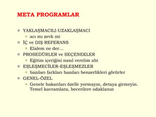 META PROGRAMLAR YAKLAŞMACILI-UZAKLAŞMACI acı mı zevk mi İÇ ve DIŞ REFERANS Elalem ne der… PROSEDÜRLER ve SEÇENEKLER Eğitim içeriğini nasıl verelim abi EŞLEŞMECİLER-EŞLEŞMEZLER bazıları farkları bazıları benzerlikleri görürler GENEL-ÖZEL Genele bakanları özelle yormayın, detaya girmeyin. Temel kavramlara, becerilere odaklanın 