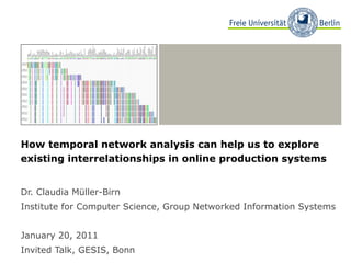 How temporal network analysis can help us to explore
existing interrelationships in online production systems


Dr. Claudia Müller-Birn
Institute for Computer Science, Group Networked Information Systems


January 20, 2011
Invited Talk, GESIS, Bonn
 