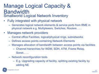 Manage Logical Capacity &
Bandwidth
Smallworld Logical Network Inventory
• Fully integrated with physical network
   – Generates logical network elements & service ports from RME in
     physical network e.g. Multiplexers, Switches, Routers……
• Manages network providers
   – Central office Facilities, logical/physical rings, subnetworks
   – Defines access points containing Network Elements
   – Manages allocation of bandwidth between access points via facilities
      – Channel hierarchies for WDM, SDH, ATM, Frame Relay,
        Sonet……
   – Network reconfiguration tools
      – E.g. Upgrading capacity of facility, splitting existing facility by
        adding NE
                                                                                    22 /
                                                                              10/6/2010
 