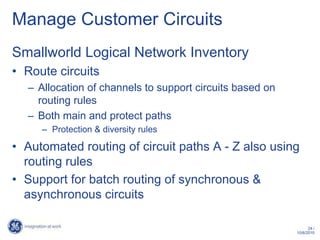 Manage Customer Circuits
Smallworld Logical Network Inventory
• Route circuits
  – Allocation of channels to support circuits based on
    routing rules
  – Both main and protect paths
     – Protection & diversity rules

• Automated routing of circuit paths A - Z also using
  routing rules
• Support for batch routing of synchronous &
  asynchronous circuits

                                                                24 /
                                                          10/6/2010
 