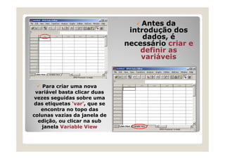 Antes da
                                introdução dos
                                    dados, é
                               necessário criar e
                                   definir as
                                   variáveis



    Para criar uma nova
 variável basta clicar duas
 vezes seguidas sobre uma
 das etiquetas 'var', que se
   encontra no topo das
colunas vazias da janela de
  edição, ou clicar na sub
   janela Variable View
 