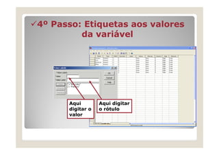 4º Passo: Etiquetas aos valores
         da variável




      Aqui        Aqui digitar
      digitar o   o rótulo
      valor
 