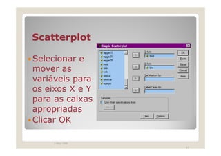 Scatterplot

Selecionar e
mover as
variáveis para
os eixos X e Y
para as caixas
apropriadas
Clicar OK

     3 May 1999
                  61
 