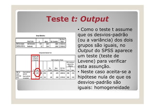 Teste t: Output
       • Como o teste t assume
       que os desvios-padrão
       (ou a variância) dos dois
       grupos são iguais, no
       Output do SPSS aparece
       um teste (teste de
       Levene) para verificar
       esta assunção.
       • Neste caso aceita-se a
       hipótese nula de que os
       desvios-padrão são
       iguais: homogeneidade
 