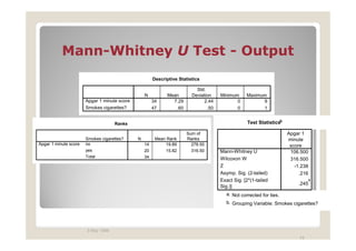 Mann-
           Mann-Whitney U Test - Output
                                                       Descriptive Statistics

                                                                           Std.
                                                  N          Mean        Deviation    Minimum     Maximum
                       Apgar 1 minute score            34      7.29           2.44           0          9
                       Smokes cigarettes?              47       .60             .50          0          1


                                    Ranks                                                          Test Statisticsb

                                                                      Sum of                                          Apgar 1
                       Smokes cigarettes?     N         Mean Rank     Ranks                                           minute
Apgar 1 minute score   no                         14        19.89       278.50                                         score
                       yes                        20        15.82       316.50        Mann-Whitney U                   106.500
                       Total                      34                                  Wilcoxon W                       316.500
                                                                                      Z                                  -1.238
                                                                                      Asymp. Sig. (2-tailed)               .216
                                                                                      Exact Sig. [2*(1-tailed                     a
                                                                                                                          .245
                                                                                      Sig.)]
                                                                                        a. Not corrected for ties.
                                                                                        b. Grouping Variable: Smokes cigarettes?




                       3 May 1999
                                                                                                                           75
 