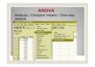 ANOVA
 Analyze / Compare means / One-way
 ANOVA




ANOVA in SPSS
 