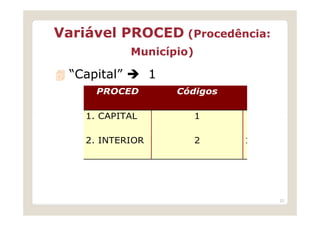 Variável PROCED (Procedência:
              Município)

  “Capital”       1
      PROCED          Códigos

    1. CAPITAL ...