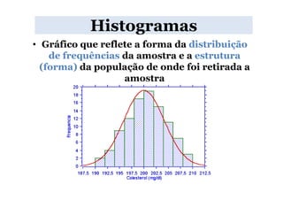 Histogramas
• Gráfico que reflete a forma da distribuição
    de frequências da amostra e a estrutura
  (forma) da população de onde foi retirada a
                   amostra
 