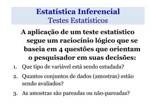 Estatística Inferencial
            Testes Estatísticos
   A aplicação de um teste estatístico
     segue um raciocínio lógico que se
    baseia em 4 questões que orientam
     o pesquisador em suas decisões:
1. Que tipo de variável está sendo estudada?
2. Quantos conjuntos de dados (amostras) estão
   sendo avaliados?
3. As amostras são pareadas ou não-pareadas?
 