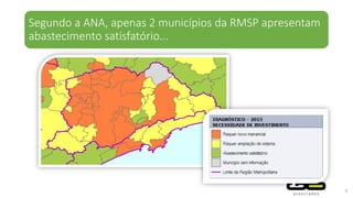 Segundo a ANA, apenas 2 municípios da RMSP apresentam
abastecimento satisfatório...
9
 