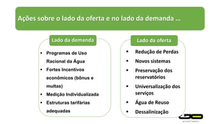 Ações sobre o lado da oferta e no lado da demanda …
 Redução de Perdas
 Novos sistemas
 Preservação dos
reservatórios
 Universalização dos
serviços
 Água de Reuso
 Dessalinização
Lado da oferta
 Programas de Uso
Racional da Água
 Fortes Incentivos
econômicos (bônus e
multas)
 Medição Individualizada
 Estruturas tarifárias
adequadas
Lado da demanda
 