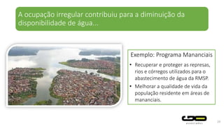 A ocupação irregular contribuiu para a diminuição da
disponibilidade de água...
20
Exemplo: Programa Mananciais
• Recuperar e proteger as represas,
rios e córregos utilizados para o
abastecimento de água da RMSP.
• Melhorar a qualidade de vida da
população residente em áreas de
mananciais.
 