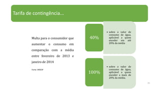 Tarifa de contingência...
35
Multa para o consumidor que
aumentar o consumo em
comparação com a média
entre fevereiro de 2013 e
janeiro de 2014
• sobre o valor de
consumo de água,
aplicável a quem
exceder em até
20% da média
40%
• sobre o valor de
consumo de água,
aplicável a quem
exceder a mais de
20% da média.
100%
Fonte: ARSESP
 
