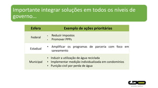 Importante integrar soluções em todos os níveis de
governo…
Esfera Exemplo de ações prioritárias
Federal
• Reduzir impostos
• Promover PPPs
Estadual
• Amplificar os programas de parceria com foco em
saneamento
Municipal
• Induzir a utilização de água reciclada
• Implementar medição individualizada em condomínios
• Punição civil por perda de água
 